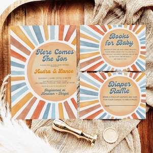 Here Comes the Son Baby Shower Invitation Set, Sunshine Baby Shower Template, Retro Baby Shower Invitation, Hippie Baby Shower Invitation