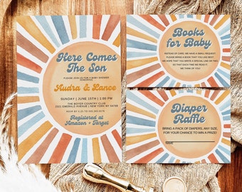 Here Comes the Son Baby Shower Invitation Set, Sunshine Baby Shower Template, Retro Baby Shower Invitation, Hippie Baby Shower Invitation