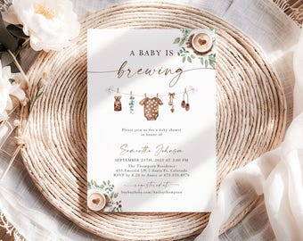 Een baby is aan het brouwen Babyshower uitnodiging koffieboon babyshower uitnodiging genderneutraal nodigt bewerkbare sjabloon Instant Download J4