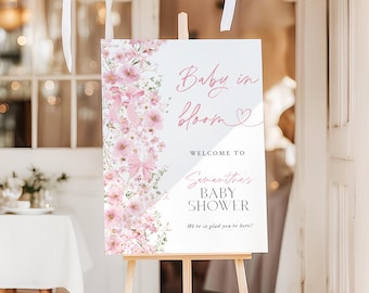 Pink Bow Baby in Bloom Baby Shower Welcome Sign Coquette Ribbon Bow Little Wildflower Welcome Poster Floral Baby Girl Editable Template P2