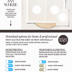 May include: A digital download for printable designs. Choose between home printing options with a PDF file or professional printing options with a JPG or PDF file. Options include show bleed, show trim marks, and save paper.
