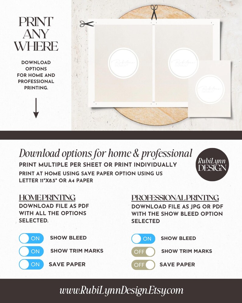 May include: A digital download for printable designs. Choose between home printing options with a PDF file or professional printing options with a JPG or PDF file. Options include show bleed, show trim marks, and save paper.