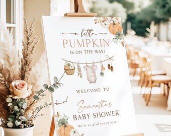 Printed + Shipped Fall Pumpkin Baby Shower Welcome Sign, Little Pumpkin Is On The Way, Autumn Harvest Baby Shower Welcome Poster, G8