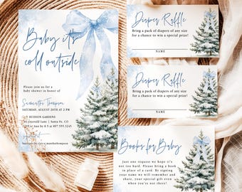 Blue Bow Baby It's Cold Outside Baby Shower Invitation Holiday Snowflake Winter Wonderland Shower Invite Snowfall Printed & Shipped SF2