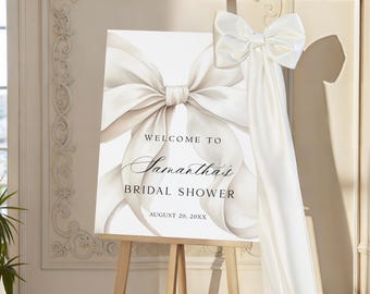 White Bow Bridal Shower Welcome Sign Ivory Coquette Bow Wedding Shower Welcome Poster Shes Tying The Knot Entrance Sign Printed + Shipped