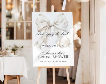 Shes Tying The Knot Bridal Shower Welcome Sign, Ivory Bow Bridal Shower Entrance Sign, White Ribbon Welcome Poster, Printed + Shipped X1