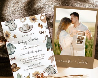 Western Gender Neutral Baby Shower Invitation Template, Editable Country Baby Clothes Invites, A Little Cowboy Cowgirl On The Way Invite W1