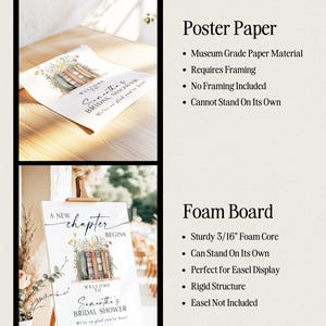 May include: Two signs for a bridal shower. One is a poster with the text "Welcome to Samantha's Bridal Shower" and the other is a foam board with the text "A New Chapter Begins". Both have floral and book illustrations.
