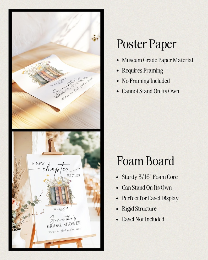 May include: Two signs for a bridal shower. One is a poster with the text "Welcome to Samantha's Bridal Shower" and the other is a foam board with the text "A New Chapter Begins". Both have floral and book illustrations.