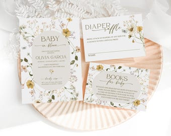 May include: A baby shower invitation set featuring a floral border with yellow and green wildflowers. The main card reads Baby in Bloom for Olivia Garcia. Includes a Diaper Raffle card and a Books for Baby card with printed text details.