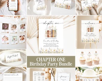 Könnte beinhalten: Ein Geburtstagsparty-Papeterie-Set mit einer Buch-Illustration, gestapelten Büchern und Wildblumen. Enthält Einladungen, Dankeskarten, Fotobanner, Willkommensschilder, Buffet-Etiketten, Cupcake-Topper und Hinweisschilder.