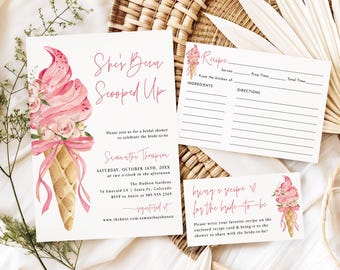 Invitación para despedida de soltera "Ella ha sido recogida" con temática de bola de helado y cono de helado. Invitación para despedida de soltera con lazo rosa. Evite, SU