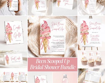 May include: A bridal shower stationery bundle featuring a watercolor pink ice cream cone graphic with floral accents and pink ribbons. Includes invitations, thank you cards, signage, food cards, cupcake toppers, and game sheets with text.