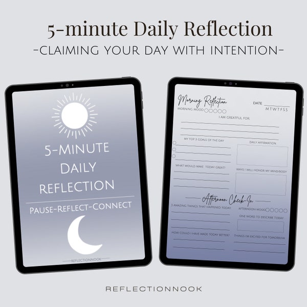 5 Minute Daily Reflection + Morning & Night check-in Journal -Digital- GoodNotes + Notability + iPad- Printable PDF- Mental Health Journal