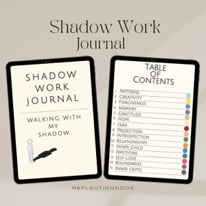 May include: A digital tablet mockup showing a table of contents for a shadow work journal. The journal is titled "Shadow Work Journal: Walking With My Shadow". The table of contents includes topics such as patterns, creativity, forgiveness, memory, gratitude, hope, fear, projection, introspection, relationships, inner child, emotions, self-love, boundaries, and inner critic.