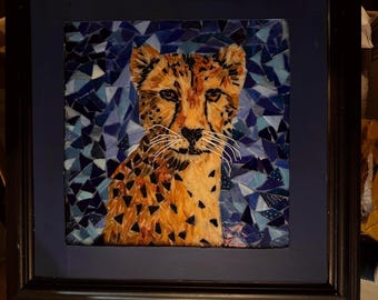 Handcrafted Cheetah Mosaic Portrait, Framed Wall Art