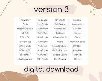 Puede incluir: Gráfico de descarga digital con una paleta de colores neutros. El texto incluye "versión 3" y una lista de categorías como "Embarazo", "1er grado" y "Vacaciones". También están presentes las palabras "descarga digital".