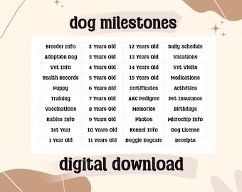 Puede incluir: Una lista de verificación imprimible para realizar un seguimiento de los hitos del perro desde la infancia hasta la vejez. La lista de verificación incluye categorías como información del criador, día de adopción, información del veterinario, registros de salud, entrenamiento, vacunas, información sobre la rabia y horario diario.