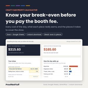 May include: A digital Craft Fair Profit Calculator spreadsheet interface featuring a dark blue background with white text. The display shows financial data including booth fees, travel costs, and break-even analysis for events like the Riverside Fall Market.