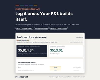 Profit and Loss Template, Monthly P&L Statement Spreadsheet, Small Business, Excel Google Sheets