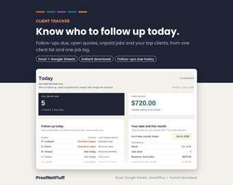 Client Tracker Spreadsheet for Service Business, Job Log, Follow Up Dashboard, Excel Google Sheets