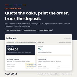 May include: A digital cake order form template for Excel and Google Sheets. The dark background features the text Cake Order Form, Quote the cake, print the order, track the deposit. The form displays fields for customer name, date, and quote total.