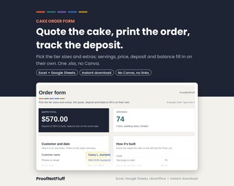 Cake Order Form and Order Tracker Spreadsheet, Home Bakery Quote Template, Excel Google Sheets