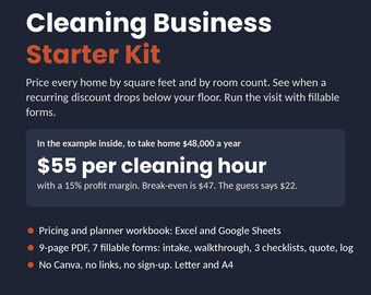 Cleaning Business Starter Kit, Pricing Calculator, Client Intake and Checklists, Excel Google Sheets