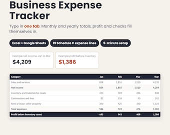 Business Expense Tracker Spreadsheet, Schedule C Categories, Monthly Profit Summary, Excel Google Sheets