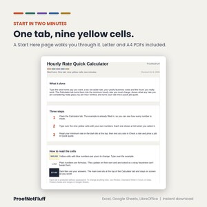 May include: A digital document titled Hourly Rate Quick Calculator with instructions on how to use it. The text explains that the tool requires inputting data into nine yellow cells to calculate hourly rates. It includes sections on what it does, three steps, and how to read the cells, with a ProofNotFluff logo at the bottom.