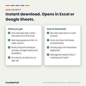 May include: An informational graphic titled How You Get It, Instant download. Opens in Excel or Google Sheets. Two white boxes list What you get and How to download with checkmarks. Bottom text includes ProofNotFluff and software names.