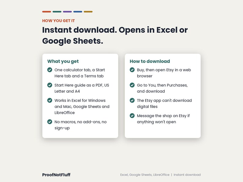 May include: An informational graphic titled How You Get It, Instant download. Opens in Excel or Google Sheets. Two white boxes list What you get and How to download with checkmarks. Bottom text includes ProofNotFluff and software names.