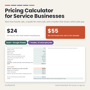 May include: A digital pricing calculator for service businesses featuring the title Pricing Calculator for Service Businesses, with data fields for hourly rates, break-even costs, and quote calculations for Excel and Google Sheets software.