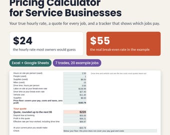 Pricing Calculator for Service Businesses, Hourly Rate and Quote Spreadsheet, Excel Google Sheets