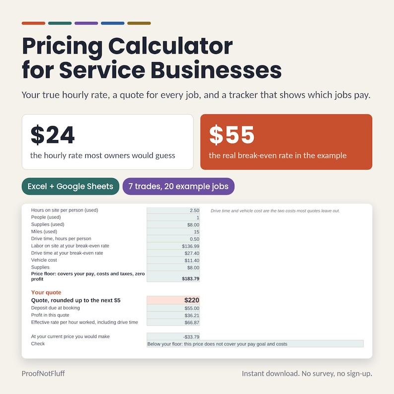 May include: A digital pricing calculator for service businesses featuring the title Pricing Calculator for Service Businesses, with data fields for hourly rates, break-even costs, and quote calculations for Excel and Google Sheets software.