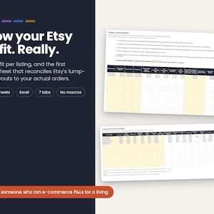 May include: A digital spreadsheet tool for Etsy profit tracking featuring two white data tables with columns for payout reconciliation and listing profit calculation. The dark blue sidebar displays the text Know your Etsy profit. Really. Google Sheets, Excel, 7 tabs, No macros.