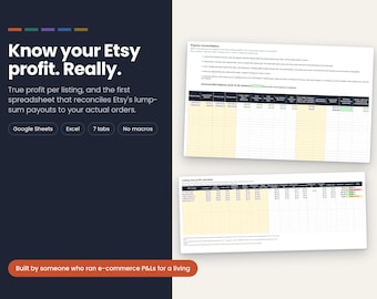 May include: A digital spreadsheet tool for Etsy profit tracking featuring two white data tables with columns for payout reconciliation and listing profit calculation. The dark blue sidebar displays the text Know your Etsy profit. Really. Google Sheets, Excel, 7 tabs, No macros.