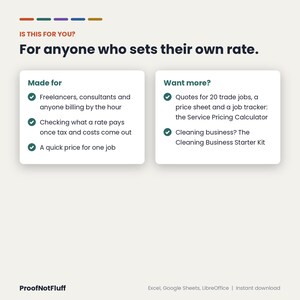 May include: A digital information graphic titled Is this for you? For anyone who sets their own rate. It features two white boxes with green checkmarks listing target audiences and product offerings including the Service Pricing Calculator.