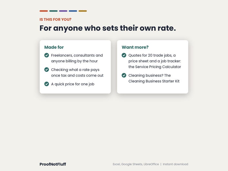 May include: A digital information graphic titled Is this for you? For anyone who sets their own rate. It features two white boxes with green checkmarks listing target audiences and product offerings including the Service Pricing Calculator.