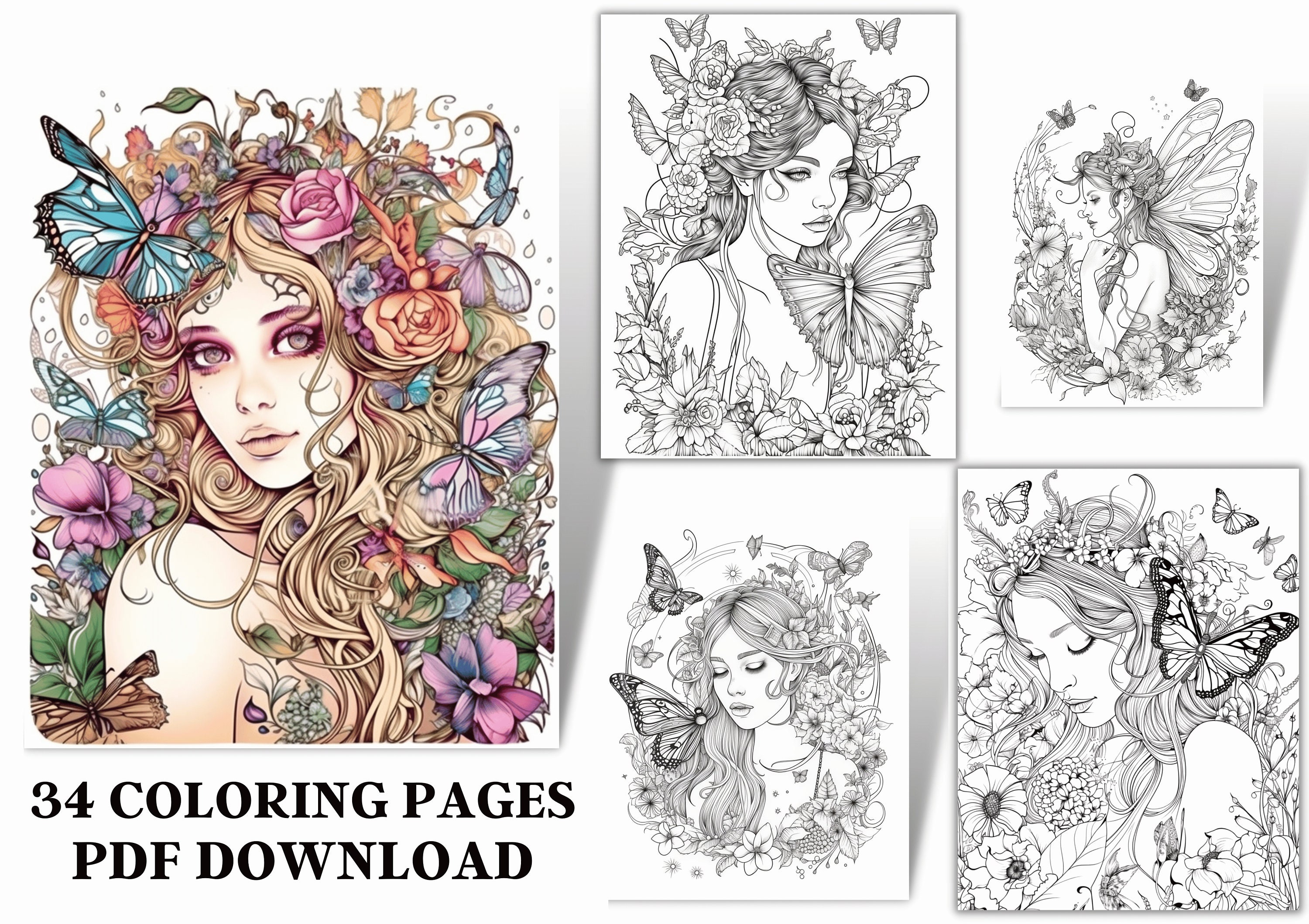 Fairy Beauties Coloring Book for Adults 34 Digital Coloring - Etsy