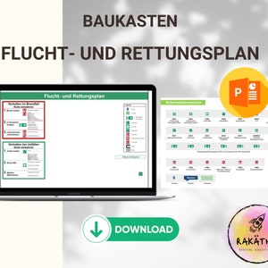 Könnte beinhalten: Ein Laptop-Bildschirm zeigt eine PowerPoint-Präsentation mit dem Titel "Flucht- und Rettungsplan" (Flucht- und Rettungsplan) mit grünen und roten Sicherheitszeichen. Die Präsentation enthält eine Tabelle mit Sicherheitszeichen und einen Download-Button. Das Bild enthält auch ein PowerPoint-Logo und ein Logo für "Rakathe Digital Solutions".