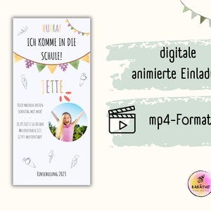Puede incluir: Una invitaci&oacute;n animada digital para un evento escolar. La invitaci&oacute;n presenta una pancarta colorida con el texto "HURRA! ICH KOMME IN DIE SCHULE!" y una foto de una ni&ntilde;a con el nombre "JETTE" en un c&iacute;rculo. El texto "EINSCHULUNG 2023" est&aacute; en la parte inferior de la invitaci&oacute;n. La invitaci&oacute;n est&aacute; en formato mp4.
