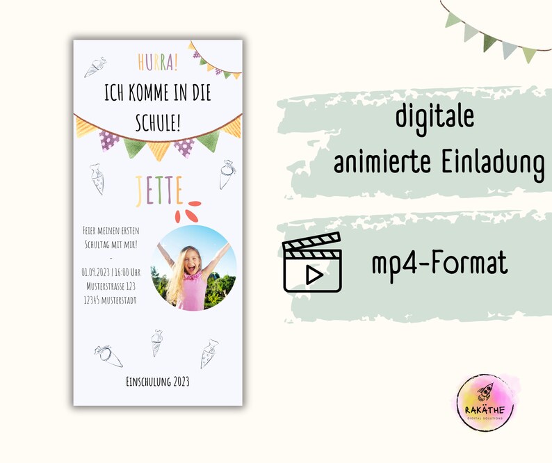 Puede incluir: Una invitaci&oacute;n animada digital para un evento escolar. La invitaci&oacute;n presenta una pancarta colorida con el texto "HURRA! ICH KOMME IN DIE SCHULE!" y una foto de una ni&ntilde;a con el nombre "JETTE" en un c&iacute;rculo. El texto "EINSCHULUNG 2023" est&aacute; en la parte inferior de la invitaci&oacute;n. La invitaci&oacute;n est&aacute; en formato mp4.