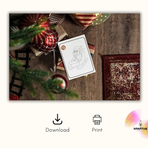 May include: A black and white printable connect-the-dots activity featuring an elf sitting on a sled. The image is surrounded by a festive Christmas background with red and green ornaments and a wooden surface.
