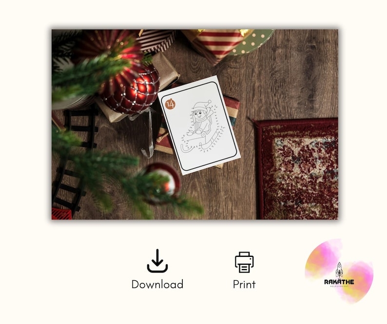 May include: A black and white printable connect-the-dots activity featuring an elf sitting on a sled. The image is surrounded by a festive Christmas background with red and green ornaments and a wooden surface.