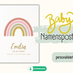 Geburtsposter I Babyposter I Namensposter I personalisiert I Baby I Geschenk I Geburt I Taufe I Download I Babyzimmer I Regenbogen I A4