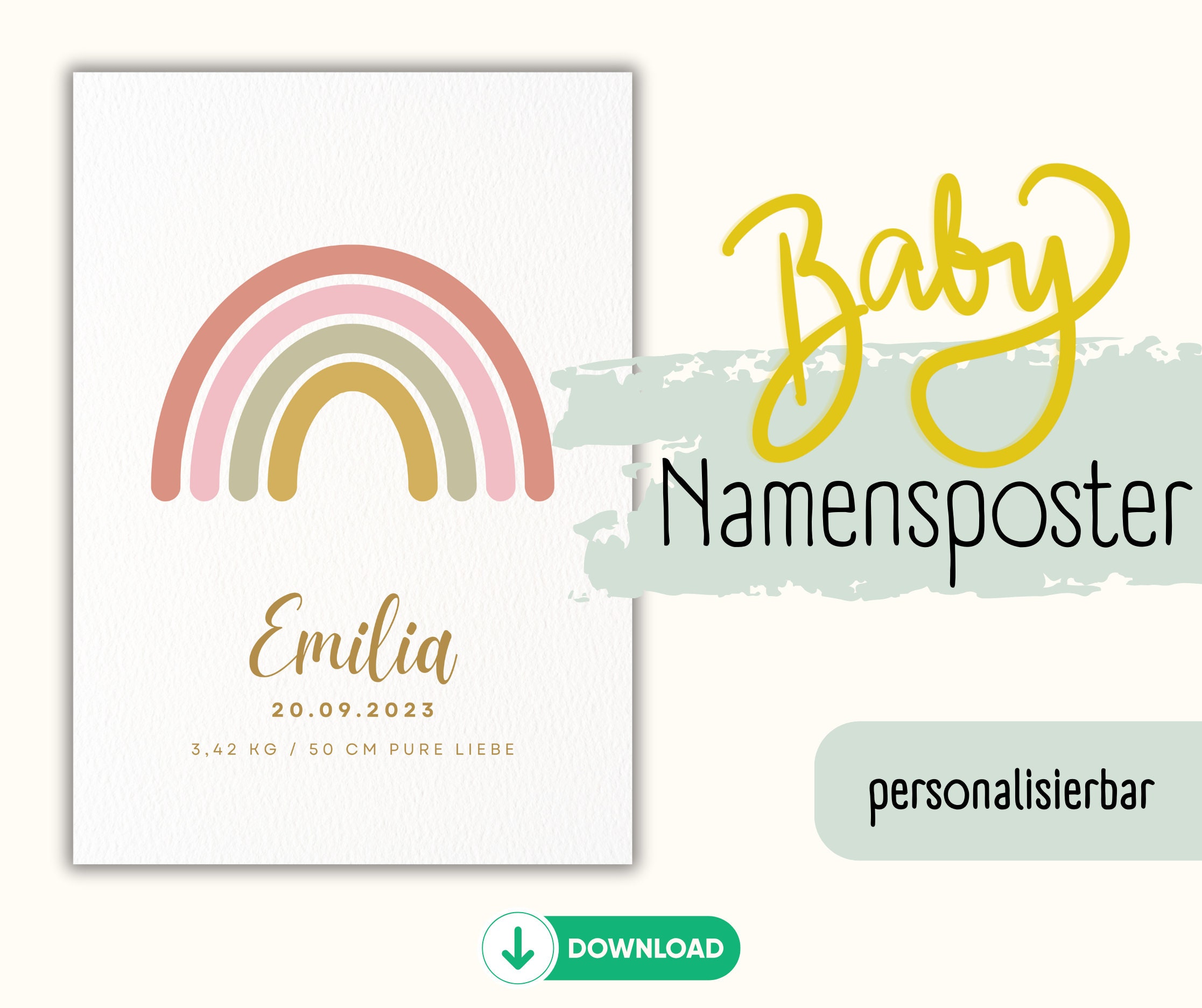 Geburtsposter I Babyposter I Namensposter I personalisiert I Baby I Geschenk I Geburt I Taufe I Download I Babyzimmer I Regenbogen I A4