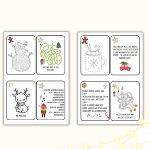 May include: A set of eight printable Christmas activity cards for kids. The cards feature a variety of activities, including mazes, dot-to-dot, and word searches. The cards are decorated with festive Christmas illustrations.