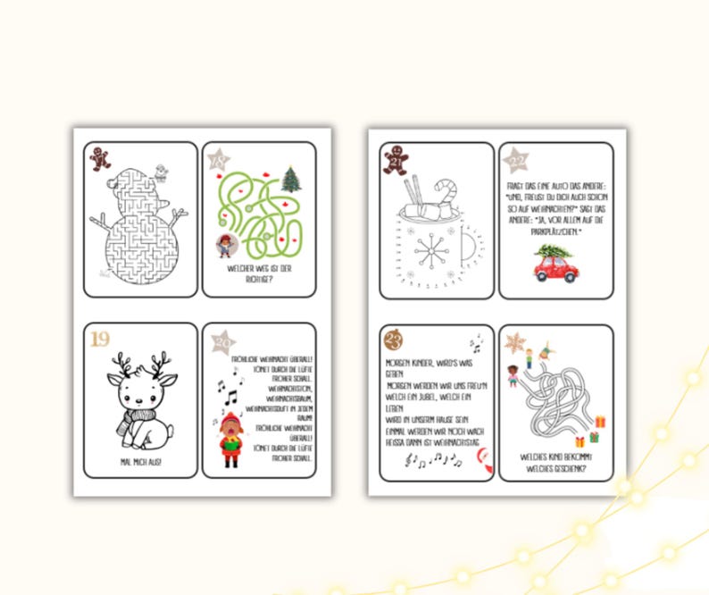 May include: A set of eight printable Christmas activity cards for kids. The cards feature a variety of activities, including mazes, dot-to-dot, and word searches. The cards are decorated with festive Christmas illustrations.