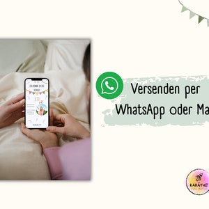 Puede incluir: Un tel&eacute;fono inteligente que muestra una invitaci&oacute;n digital colorida para el primer d&iacute;a de escuela de un ni&ntilde;o. La invitaci&oacute;n presenta una foto de un ni&ntilde;o, banderas coloridas y el texto "Ich komme in die Schule!" La invitaci&oacute;n se puede enviar a trav&eacute;s de WhatsApp o correo electr&oacute;nico.